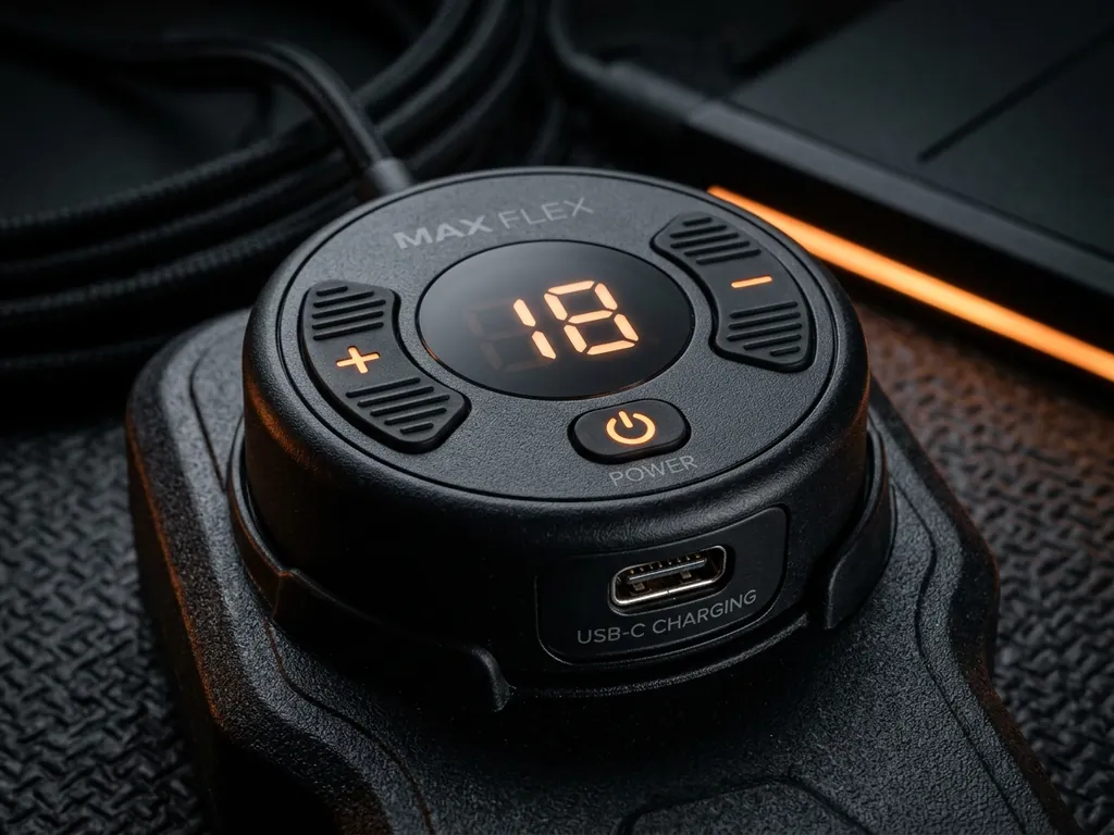 Close-up of the Max Flex Core smart digital intensity controller and USB-C port
