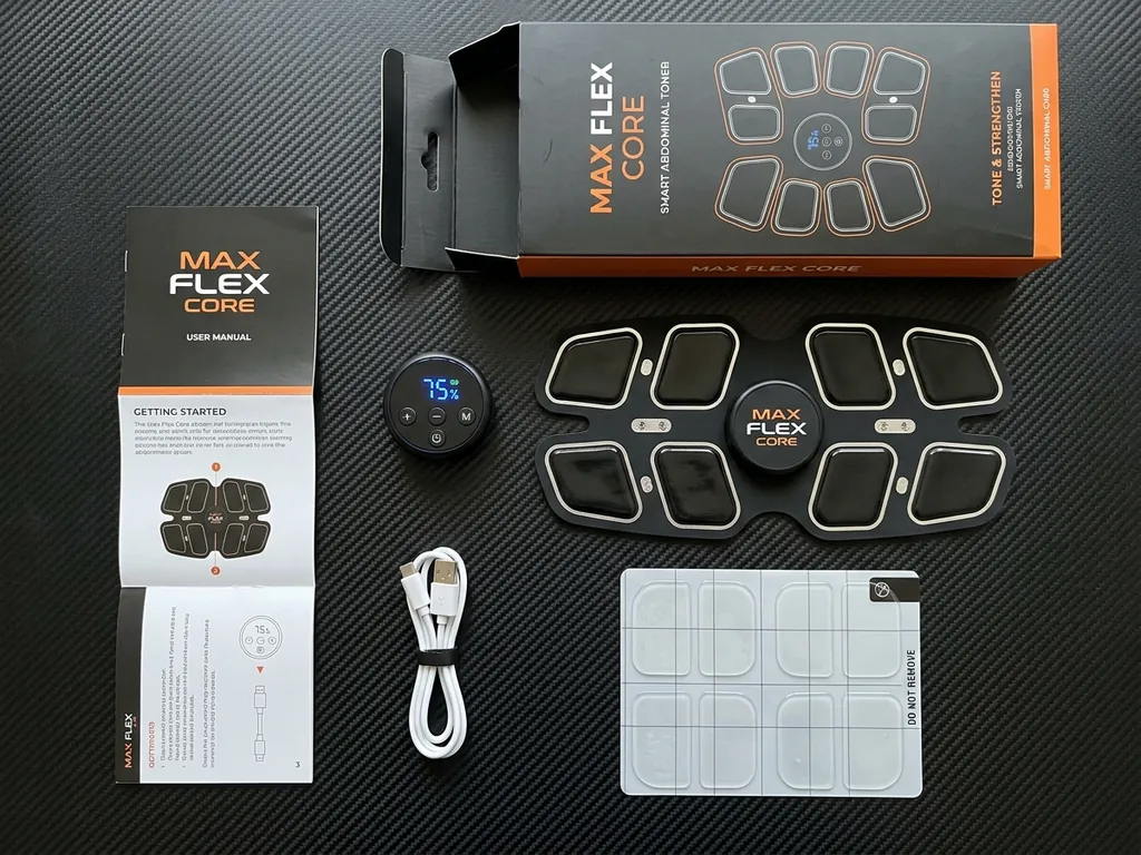 Max Flex Core packaging contents unboxing flatlay layout